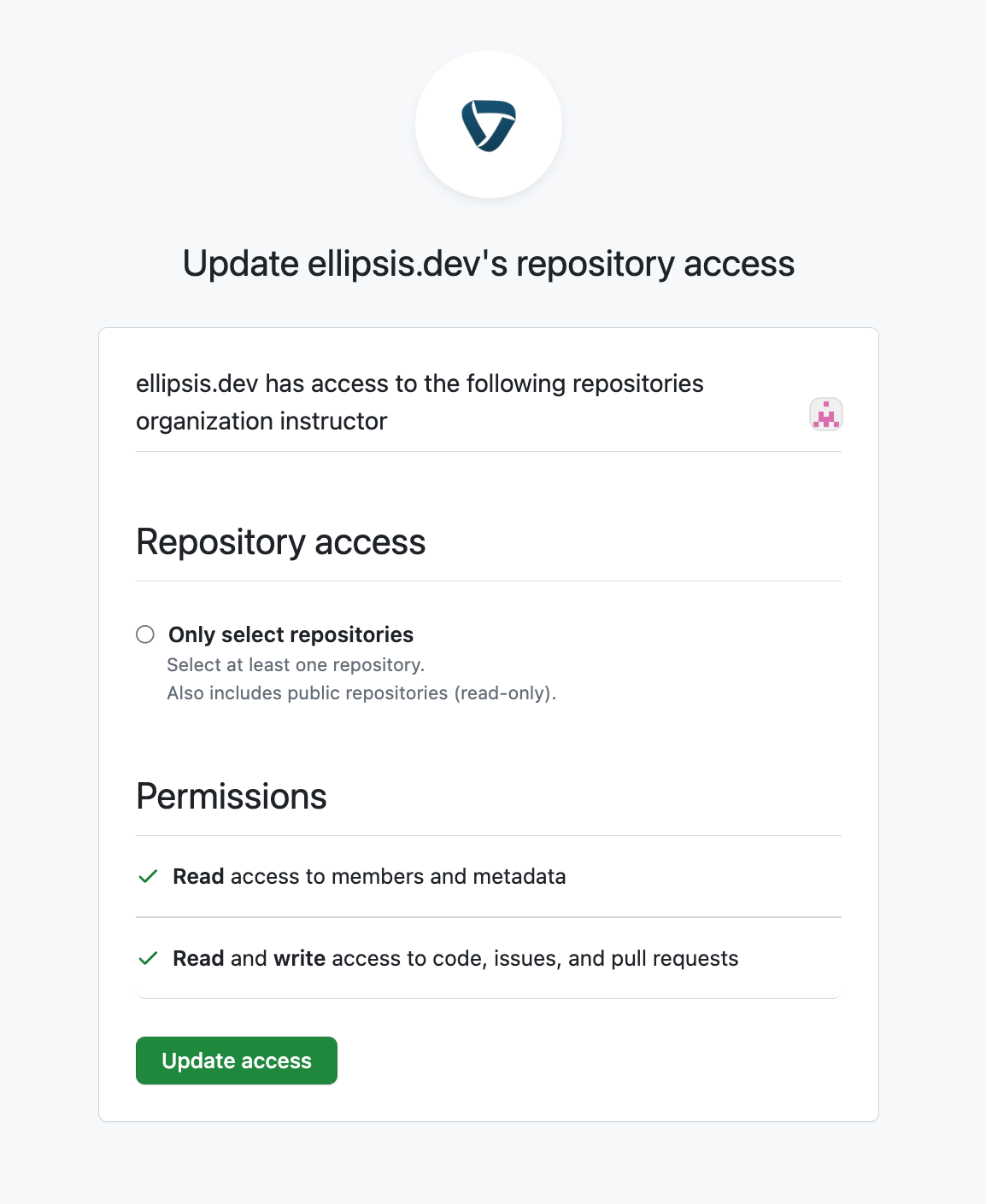 a screenshot of the github permissions required to install Ellipsis, they&#39;re very limited and only include the permissions that is exactly required to review, summarize, and write code onbehalf of github users